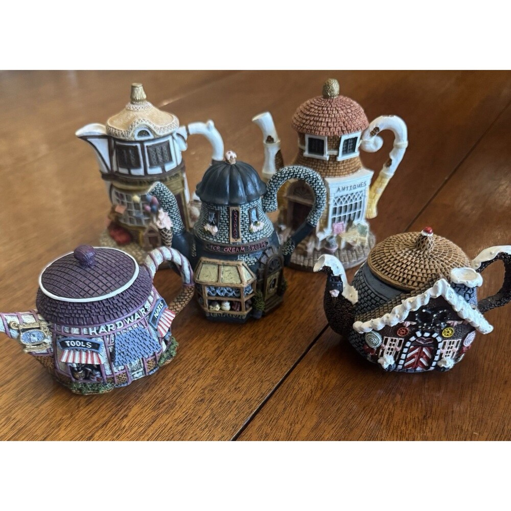 Hometown Teapot Cottages Lot of 5 Teapot Trinket Boxes Hardware Ice Cream Antiqu